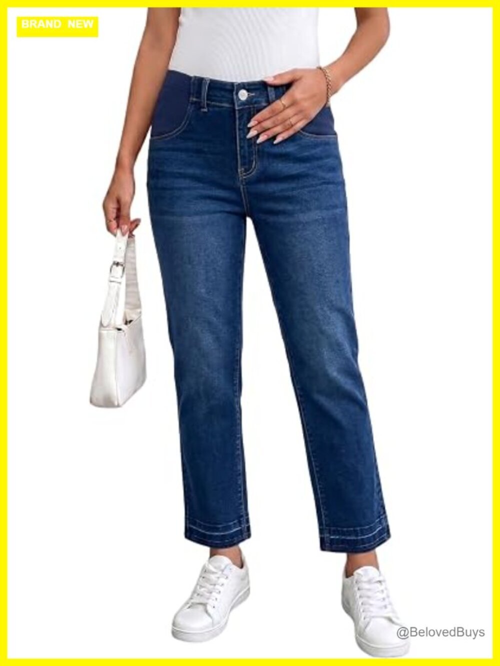 Maternity Jeans Elastic Waist Straight Leg Ankle Pockets